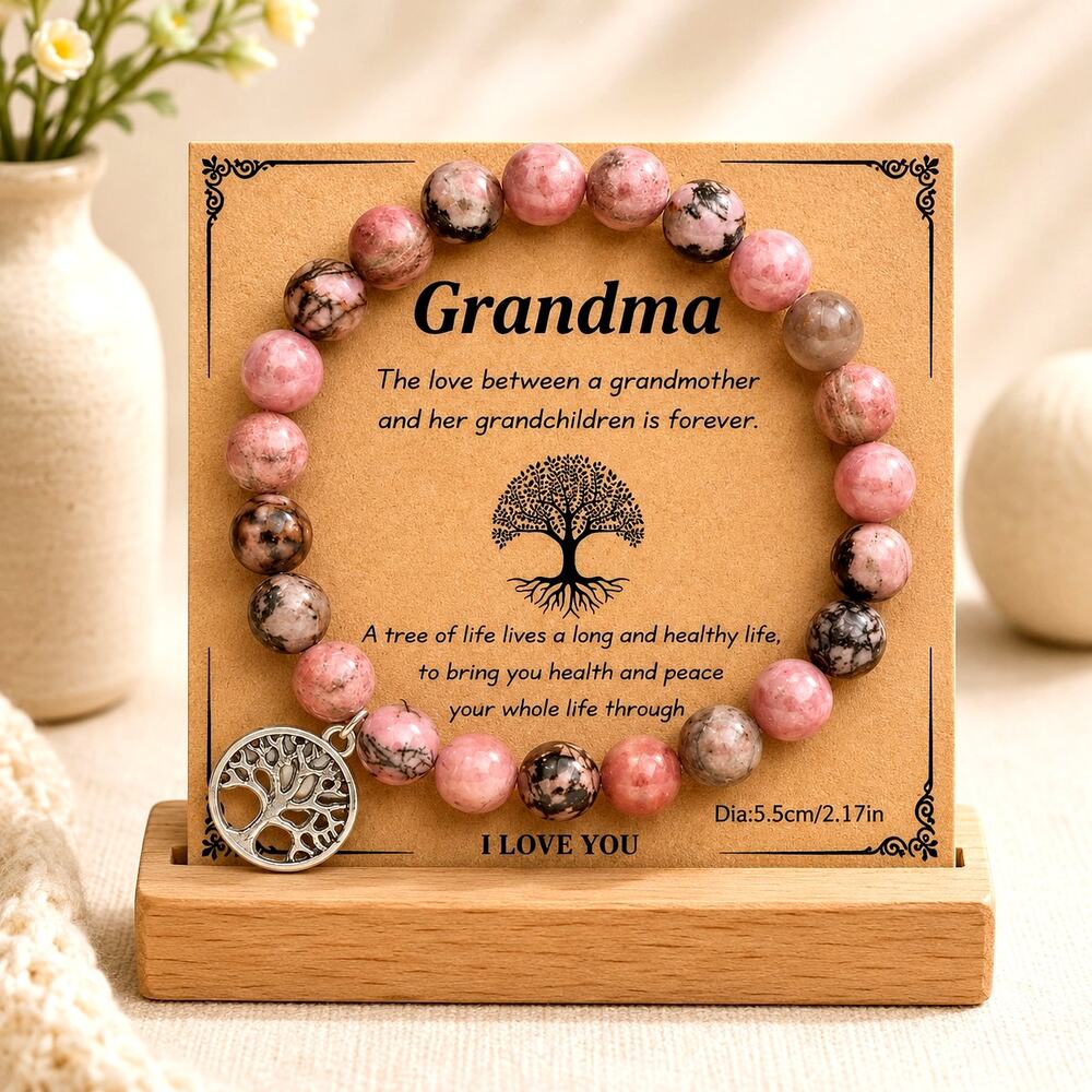 Grandma Bracelet & Card - Black Line Rhodochrosite